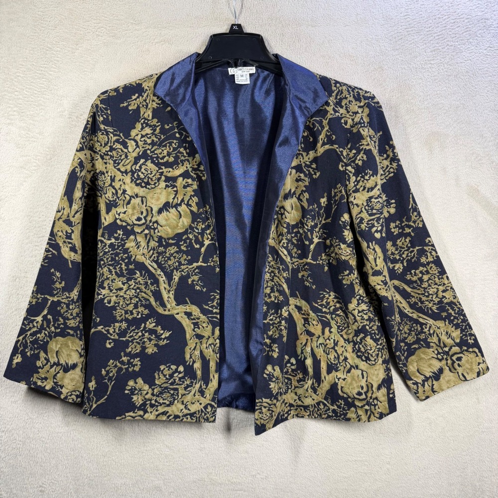 Grace Chuang Open Front Jacket Womens Medium Navy Gold Floral Jacquard Blazer